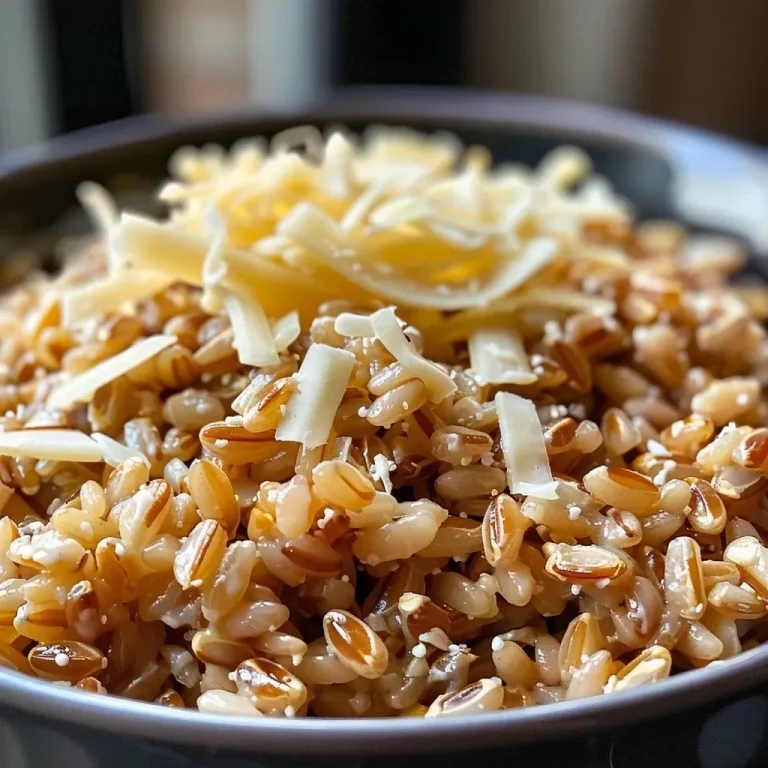 Close-up of cheesy farro dish with melted cheese and grains.