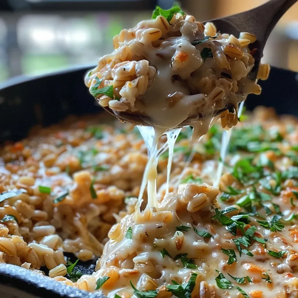 Side view of a bowl filled with creamy cheesy farro and butter.