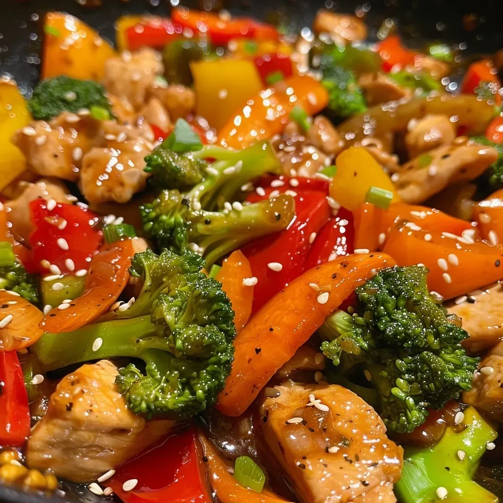 Close-up of a colorful chicken and vegetable stir-fry featuring vibrant bell peppers and broccoli.