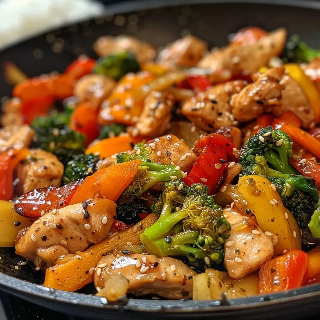 Juicy chicken stir-fry with an assortment of vegetables, including carrots and garlic.