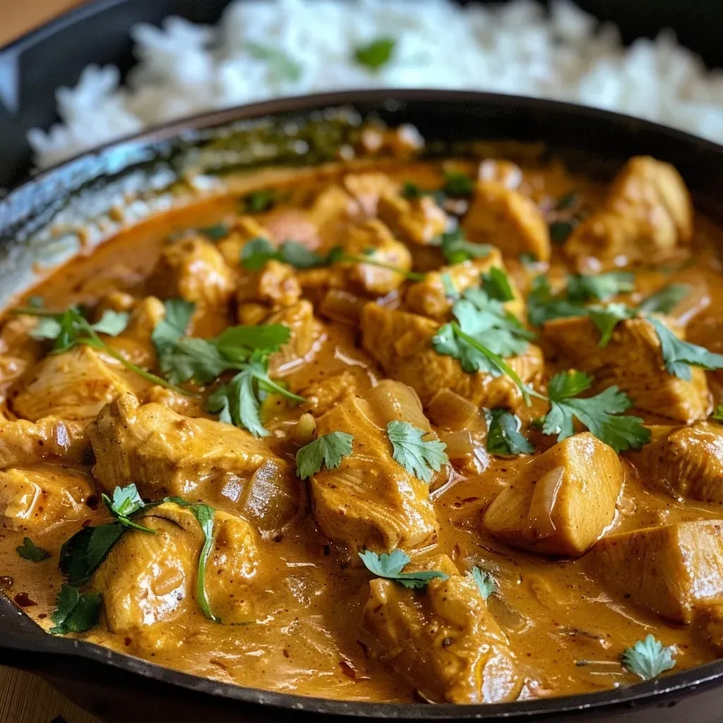 Close-up view of a vibrant chicken curry in a bowl, showing chunks of chicken and rich sauce.