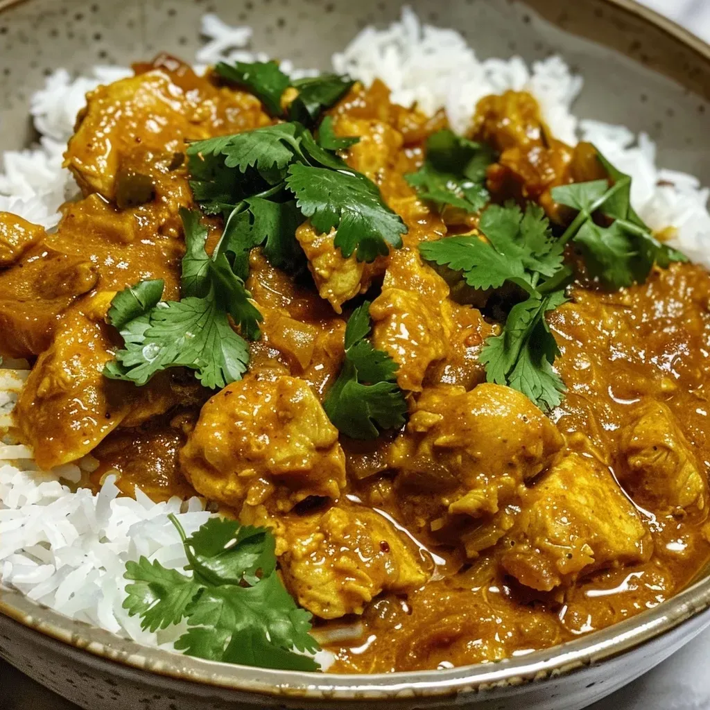Side view of a steaming chicken curry, highlighting the creamy coconut milk and spices.