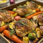 Juicy chicken thighs with lemon and rosemary on a sheet pan with colorful vegetables.