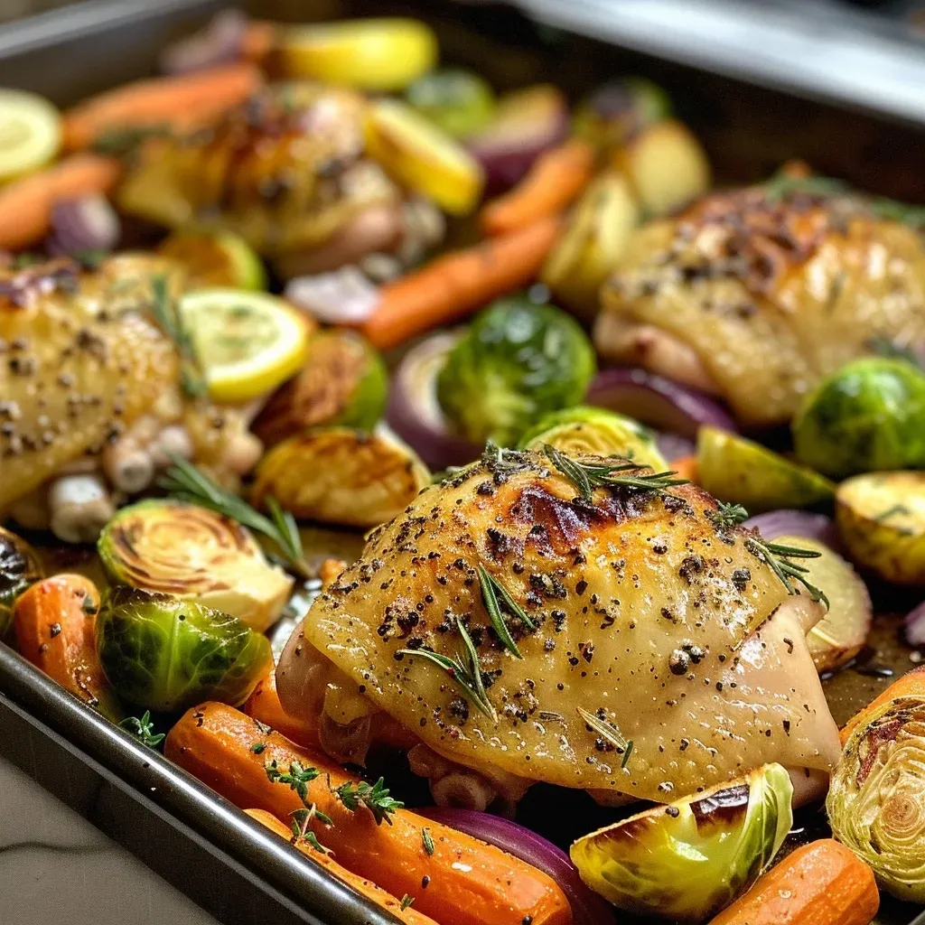 Close-up of a sheet pan featuring roasted chicken with lemon slices and fresh herbs.