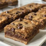 Close-up view of chocolate chip cookie bars with chocolate chips visible.