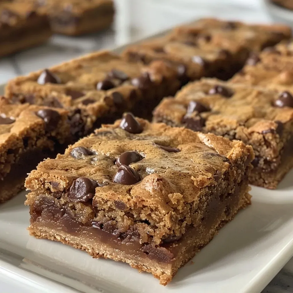 Close-up view of chocolate chip cookie bars with chocolate chips visible.