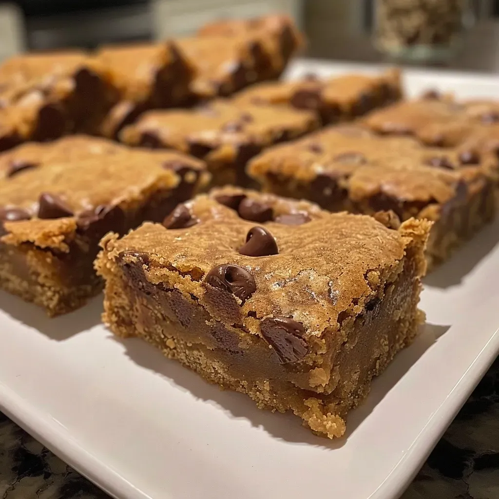 Delicious chocolate chip cookie bars displayed from the side, showing a gooey texture.