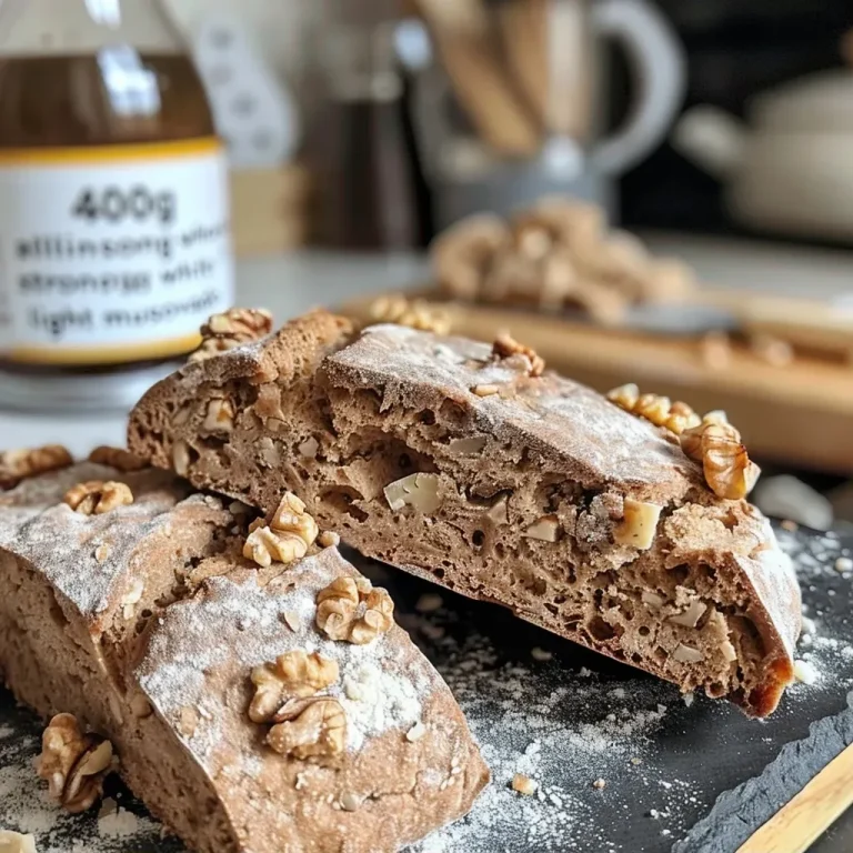 Close-up of a slice of chunky walnut bread with visible walnut pieces and a golden crust.