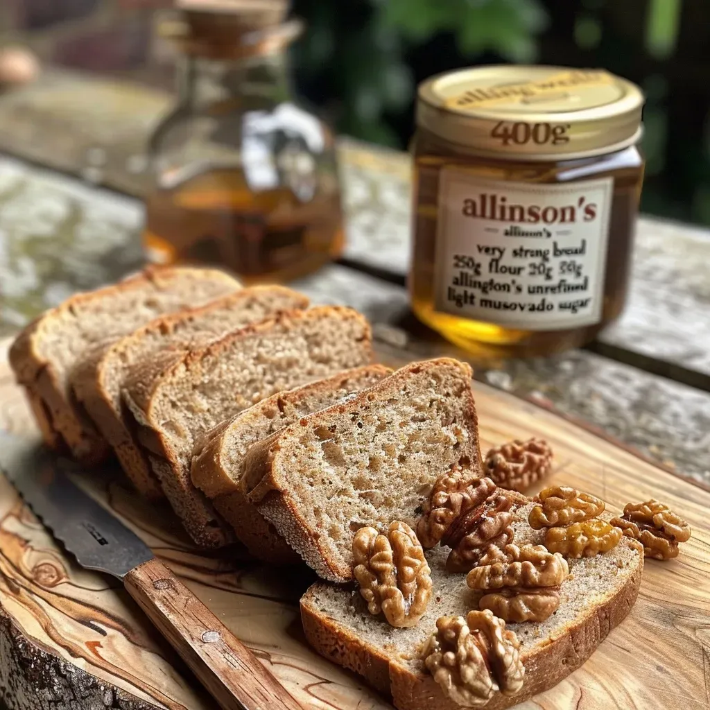 Side view of freshly baked chunky walnut bread on a wooden surface, showcasing its texture.