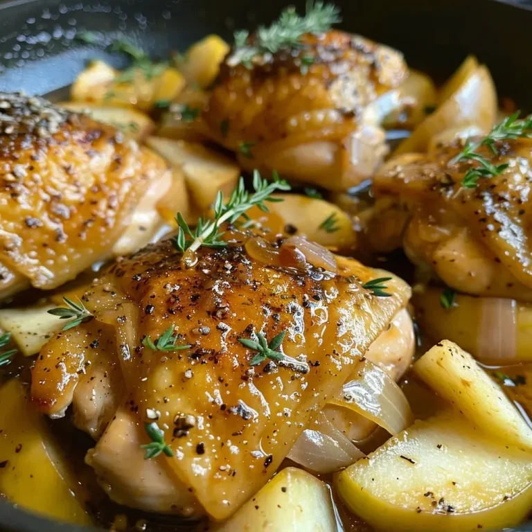 Unlocking Flavor: The High-Protein Cider Braised Chicken You’ll Crave Close-up view of juicy cider braised chicken with apple slices and herbs.