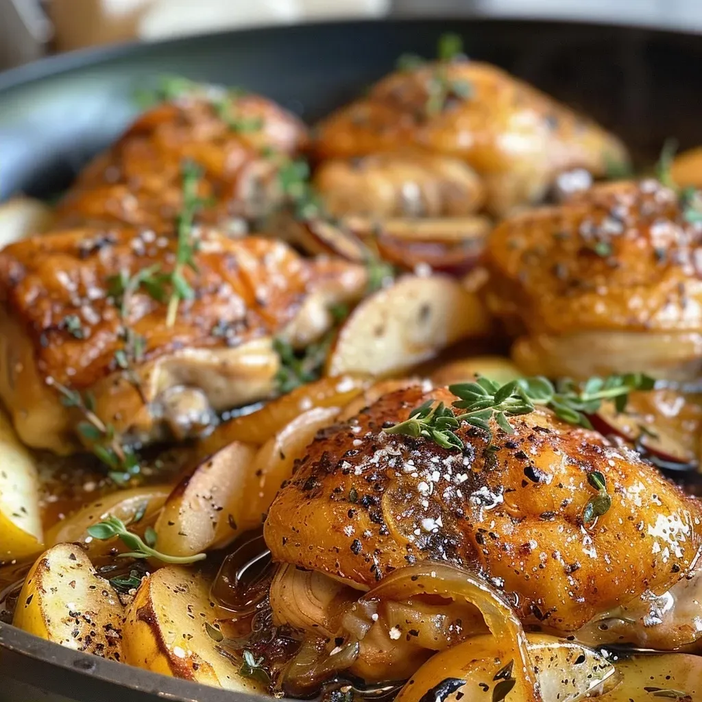 Side view of golden-brown cider braised chicken garnished with thyme and parmesan.