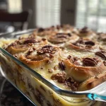 A close-up side view of a Cinnamon Roll Breakfast Casserole, showcasing its golden-brown top and gooey frosting.