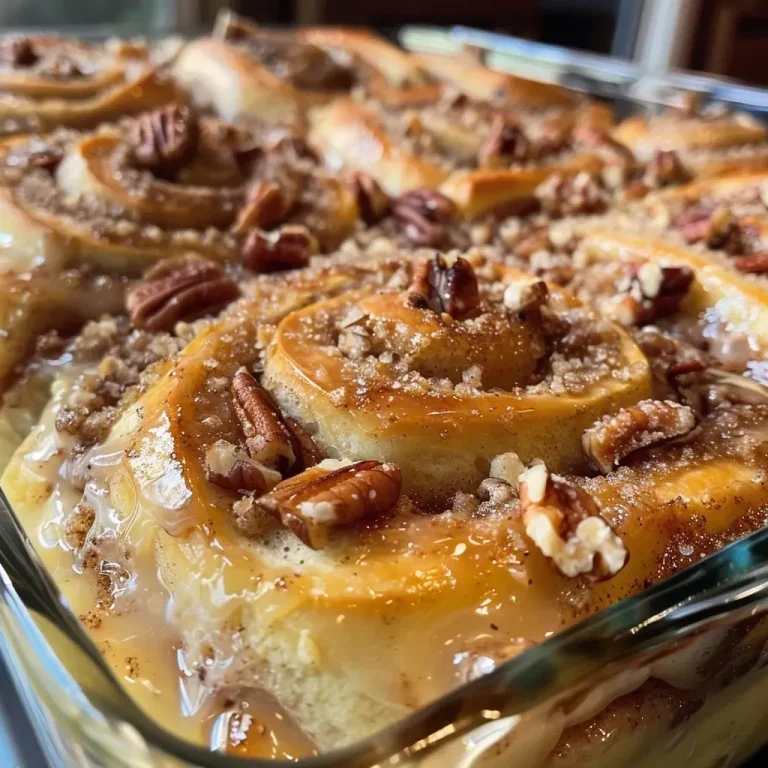 Decadent Cinnamon Roll Casserole: A Protein-Packed Breakfast Delight Close-up view of a golden-brown cinnamon roll casserole topped with icing and pecans.