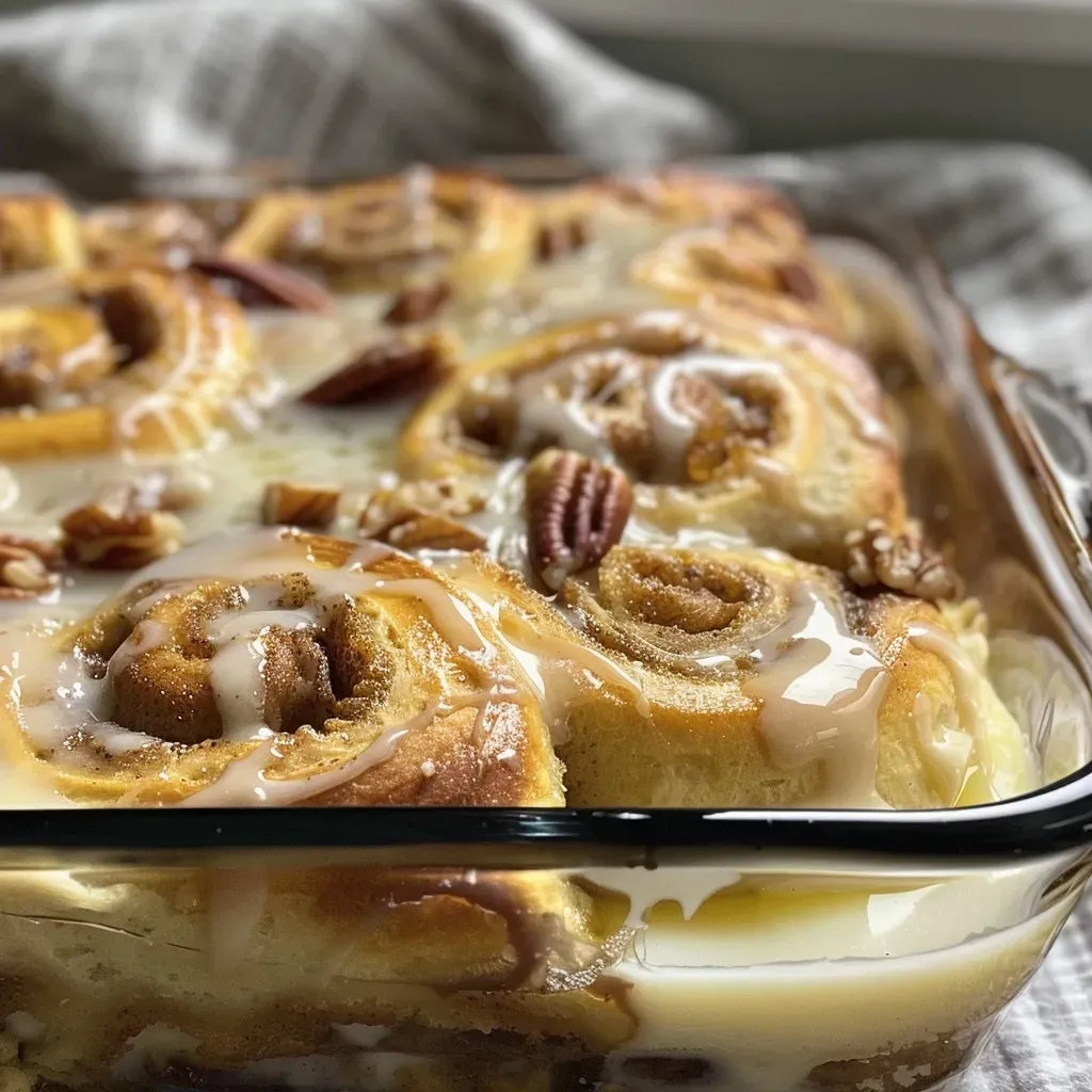 Side view of a creamy cinnamon roll casserole with a drizzle of maple syrup and pecans.