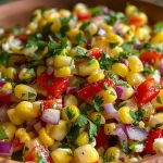 A vibrant corn salad featuring frozen corn, diced red onion, and red pepper.