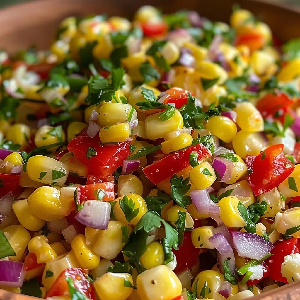 A vibrant corn salad featuring frozen corn, diced red onion, and red pepper.