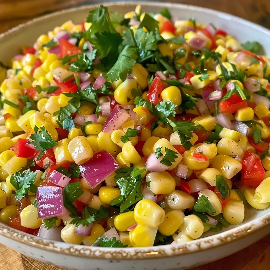 Close-up of a colorful corn salad with fresh ingredients and creamy dressing.