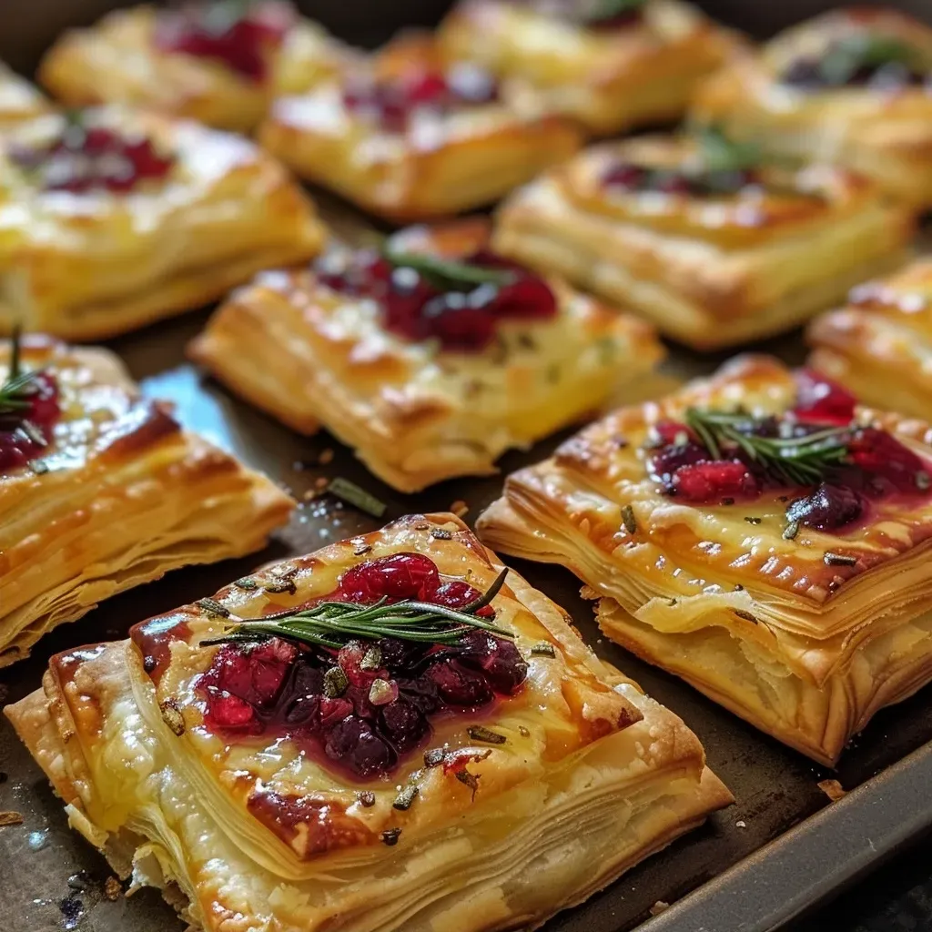 Side view of puff pastry filled with creamy brie and cranberry sauce.