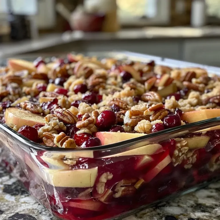 Cranberry Casserole: A Deliciously Nutritious Protein Boost Close-up view of a delicious cranberry casserole with apples and nuts.