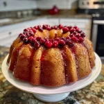 A close-up side view of a moist cranberry orange Bundt cake, showcasing its vibrant red cranberries and orange zest.