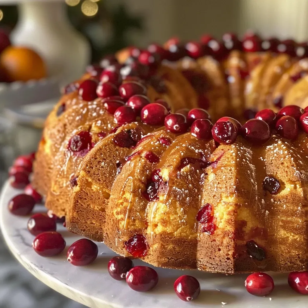 Side view of a garnished Bundt cake with a golden crust, interspersed with fresh cranberries and orange slices.