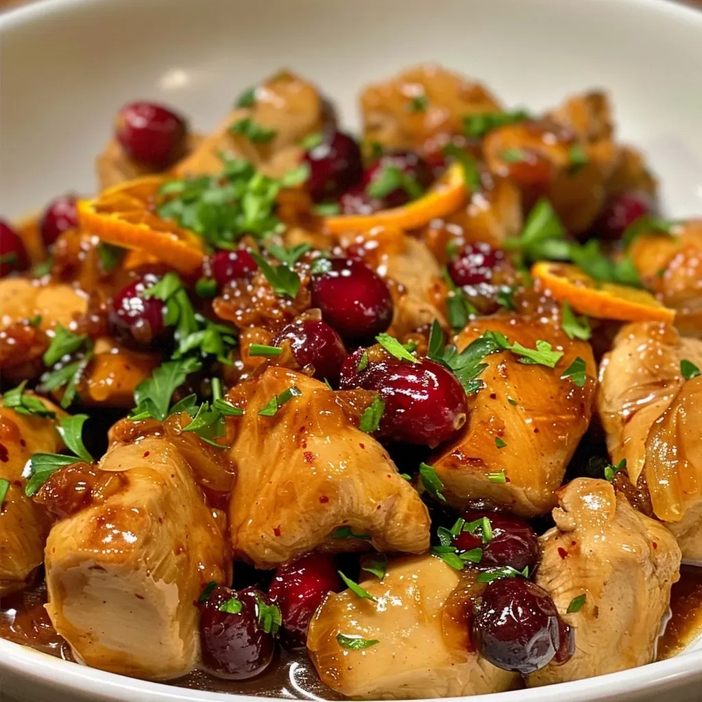 A vibrant dish of Cranberry Orange Chicken with garnishes, captured from a side angle.