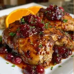 Close-up view of juicy cranberry-orange crockpot chicken with a rich sauce.