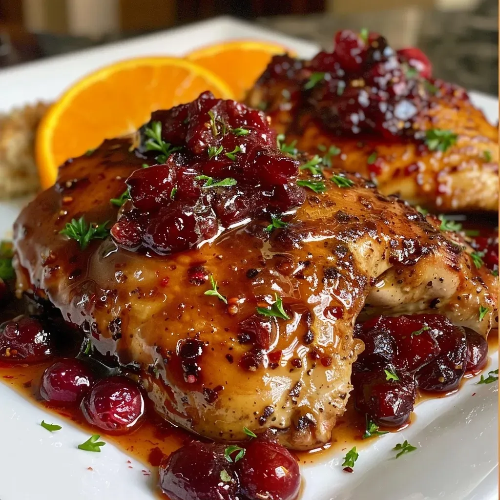 Close-up view of juicy cranberry-orange crockpot chicken with a rich sauce.