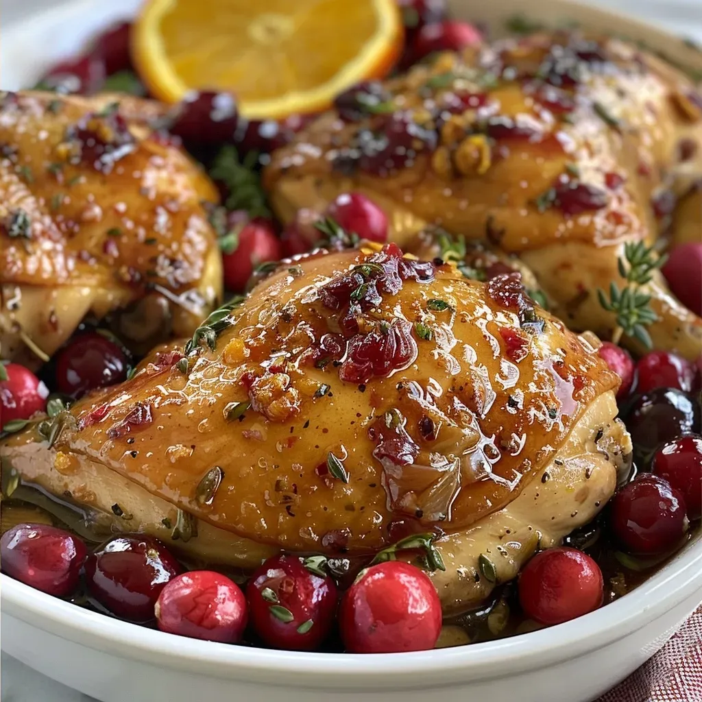 Side view of tender chicken breasts glazed with vibrant cranberry and orange sauce.