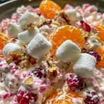 Close-up view of a creamy cranberry orange fluff salad with marshmallows and mandarin oranges.