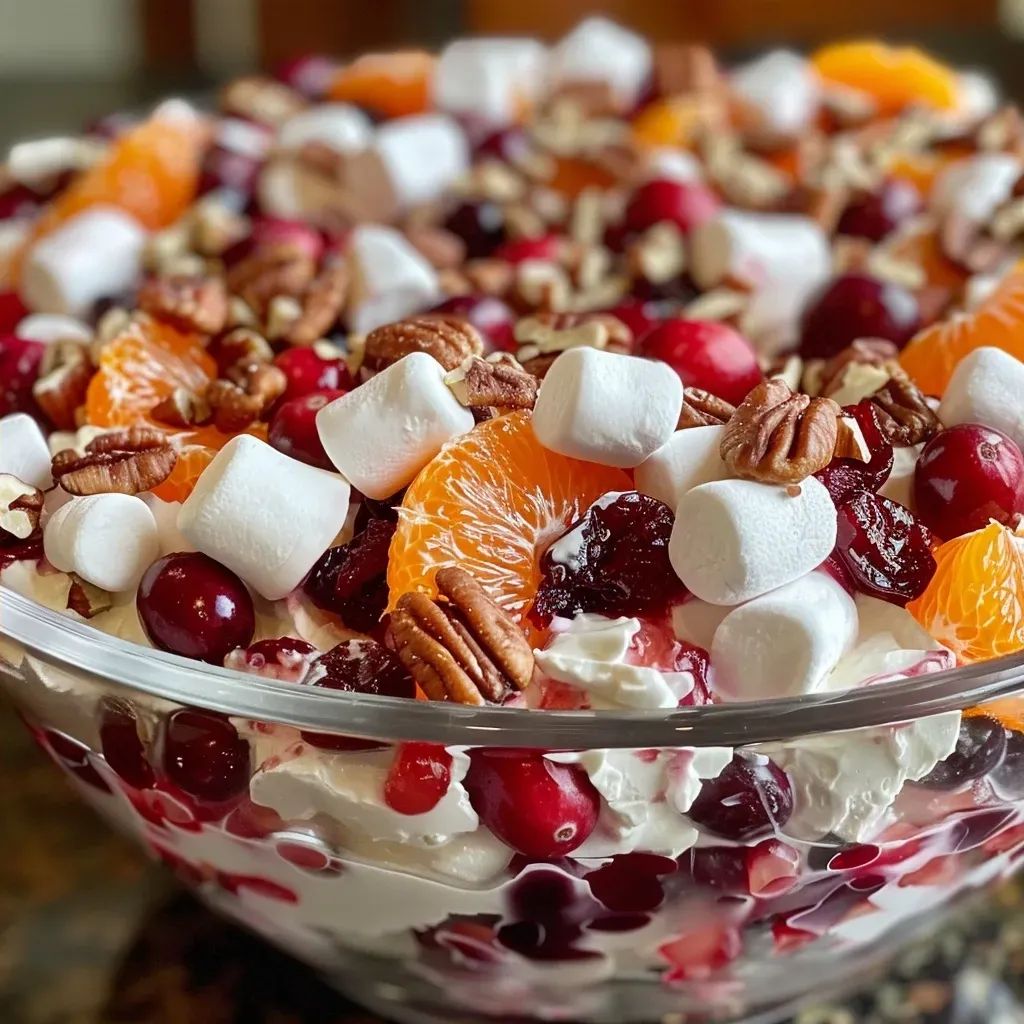 Side view of a mixed salad featuring cranberries, oranges, and whipped topping in a serving dish.