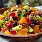A close-up view of a vibrant cranberry orange salad with nuts and mint.