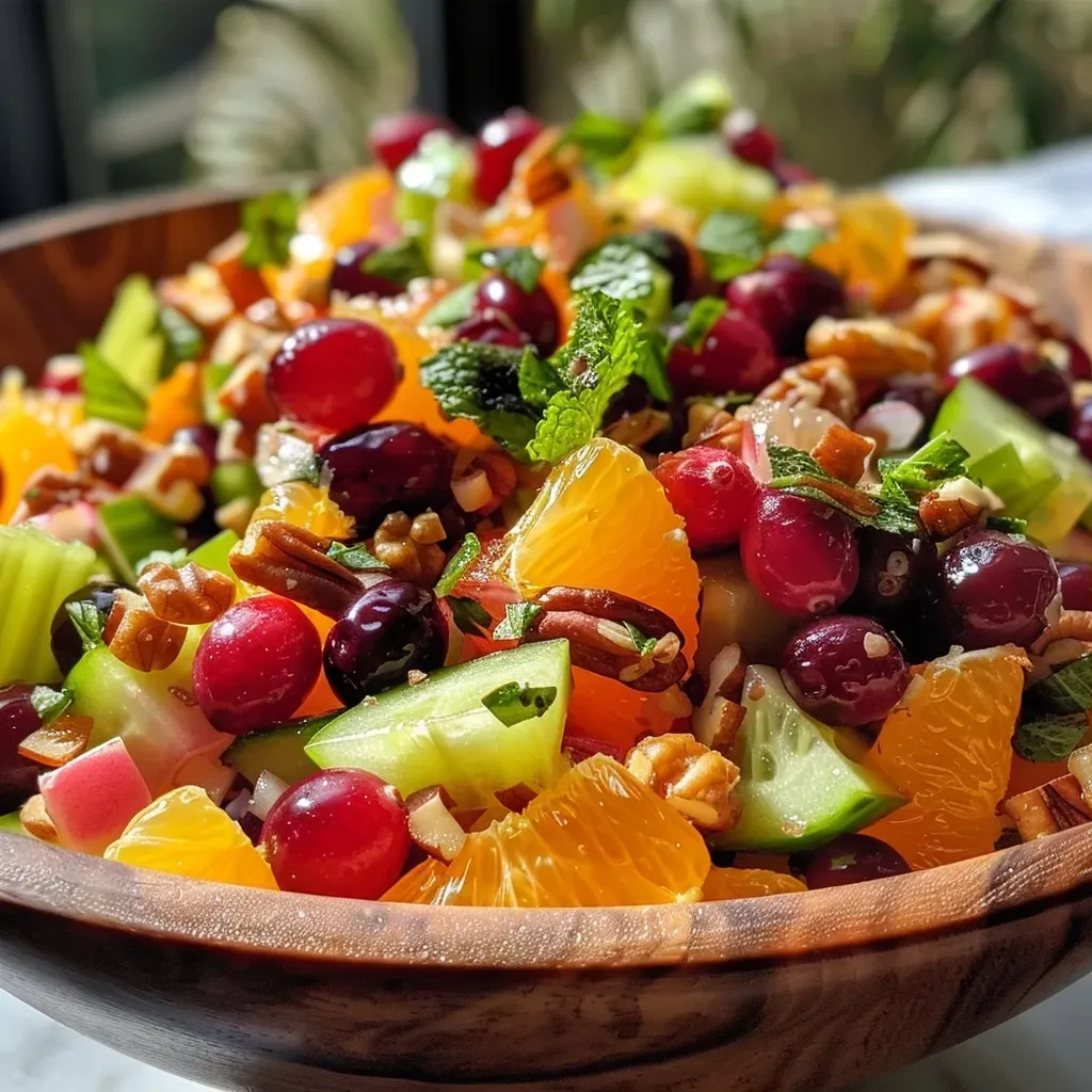A close-up view of a vibrant cranberry orange salad with nuts and mint.