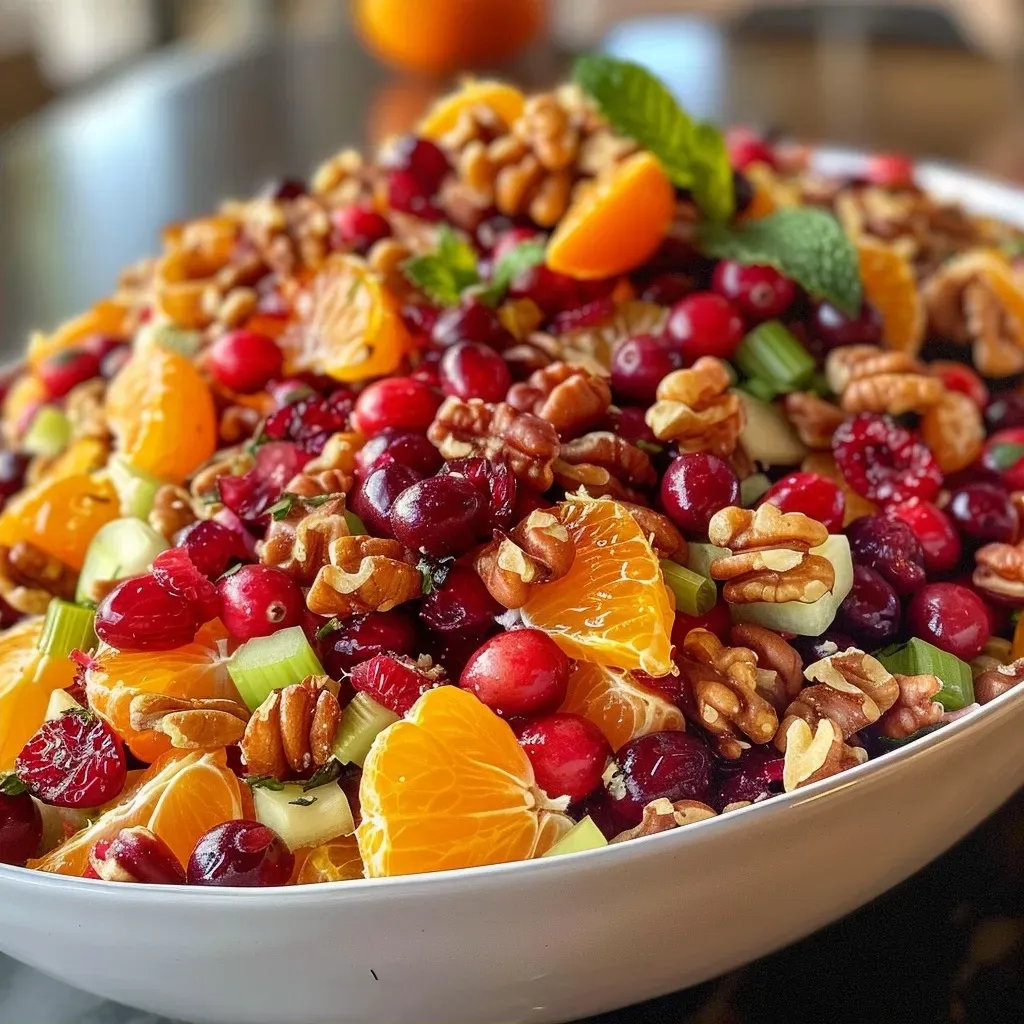 Freshly prepared cranberry orange salad featuring juicy oranges and crunchy walnuts.
