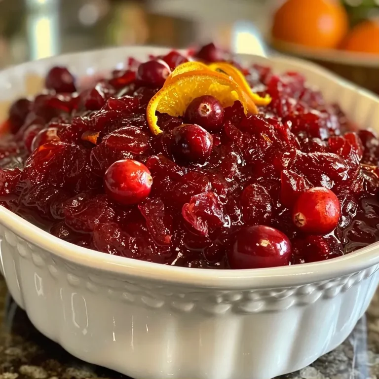Elevate Your Sides: The Cranberry Orange Sauce That Packs a Flavor Punch Close-up view of a bowl of cranberry orange sauce with a glossy texture.