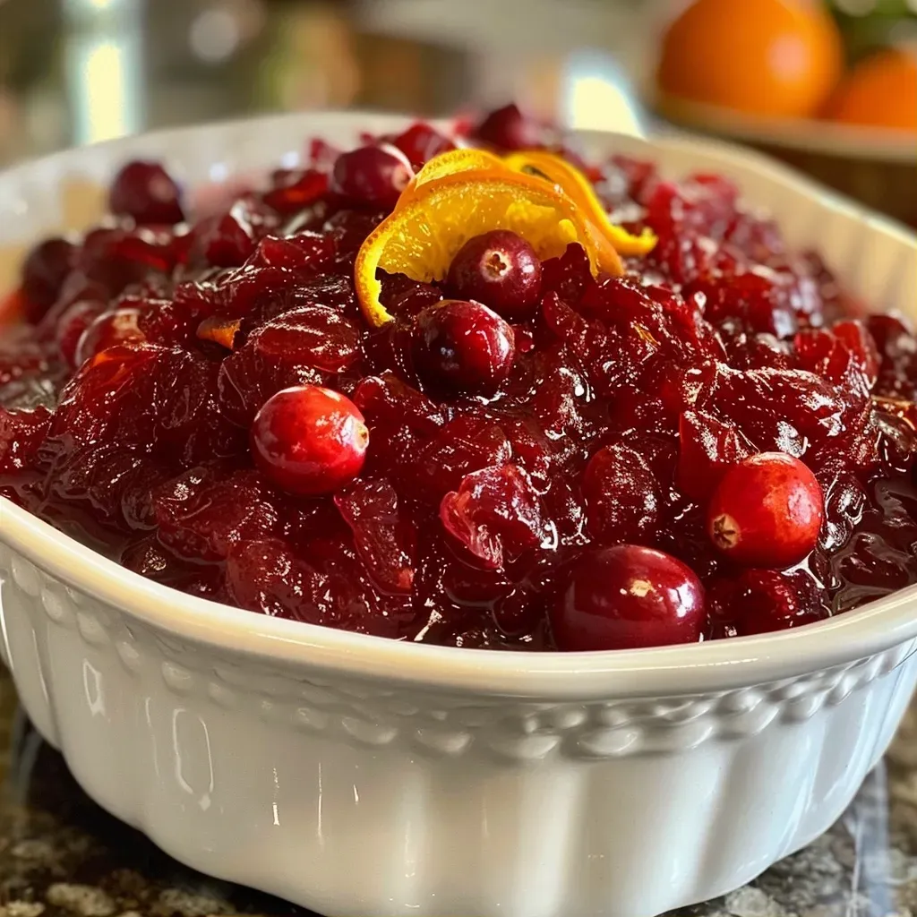Close-up view of a bowl of cranberry orange sauce with a glossy texture.