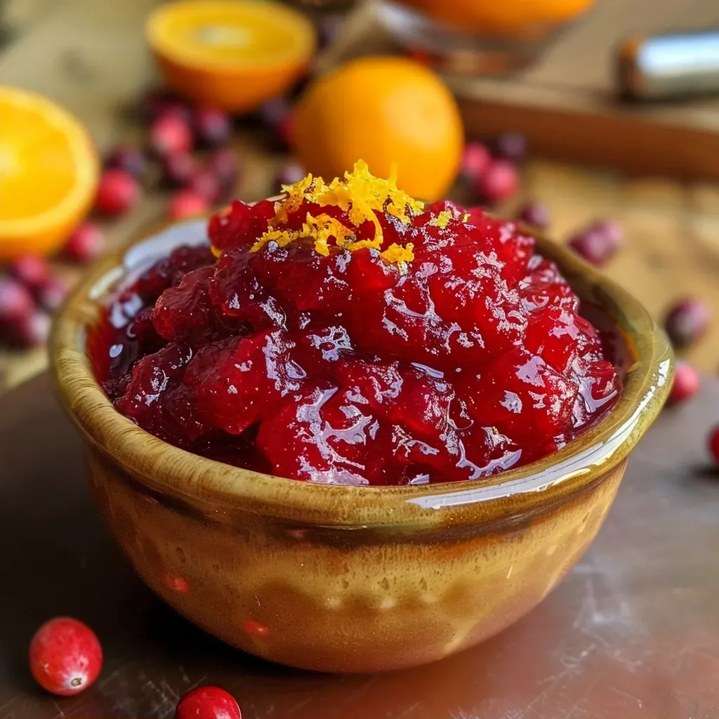 Side view of a vibrant cranberry orange sauce in a glass bowl, highlighting its chunky consistency.