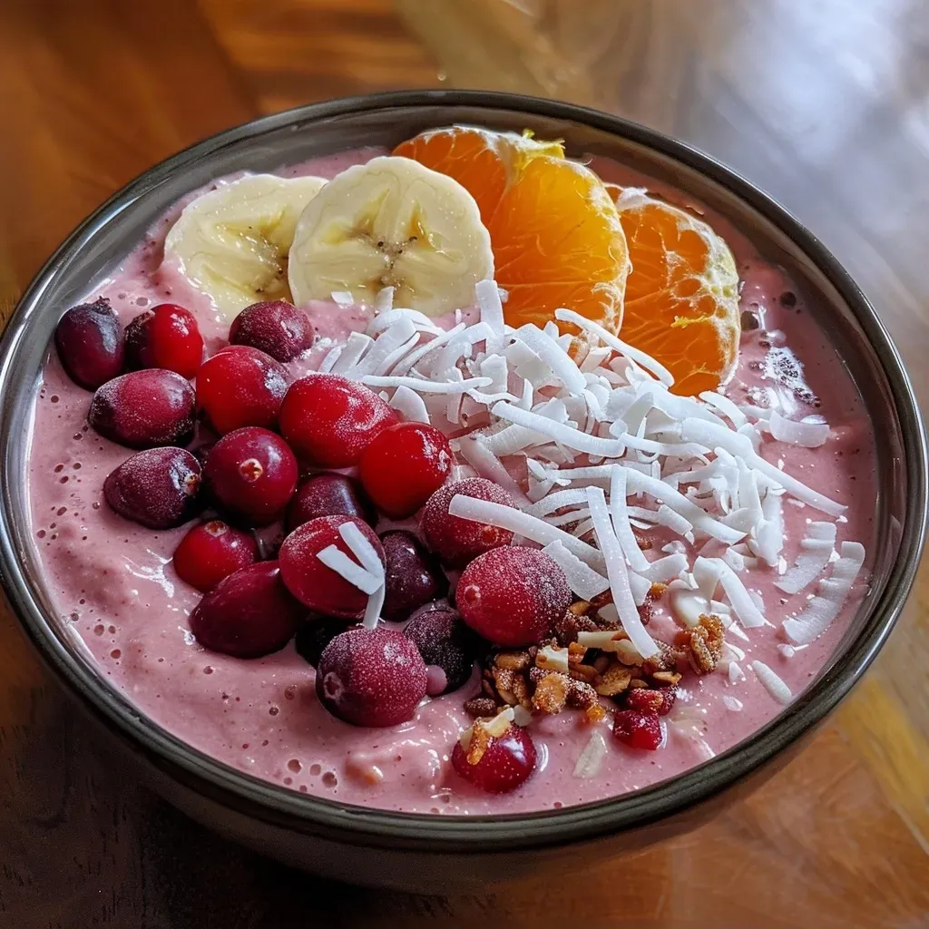 Close-up view of a vibrant Cranberry Orange Smoothie Bowl garnished with fruits and coconut.