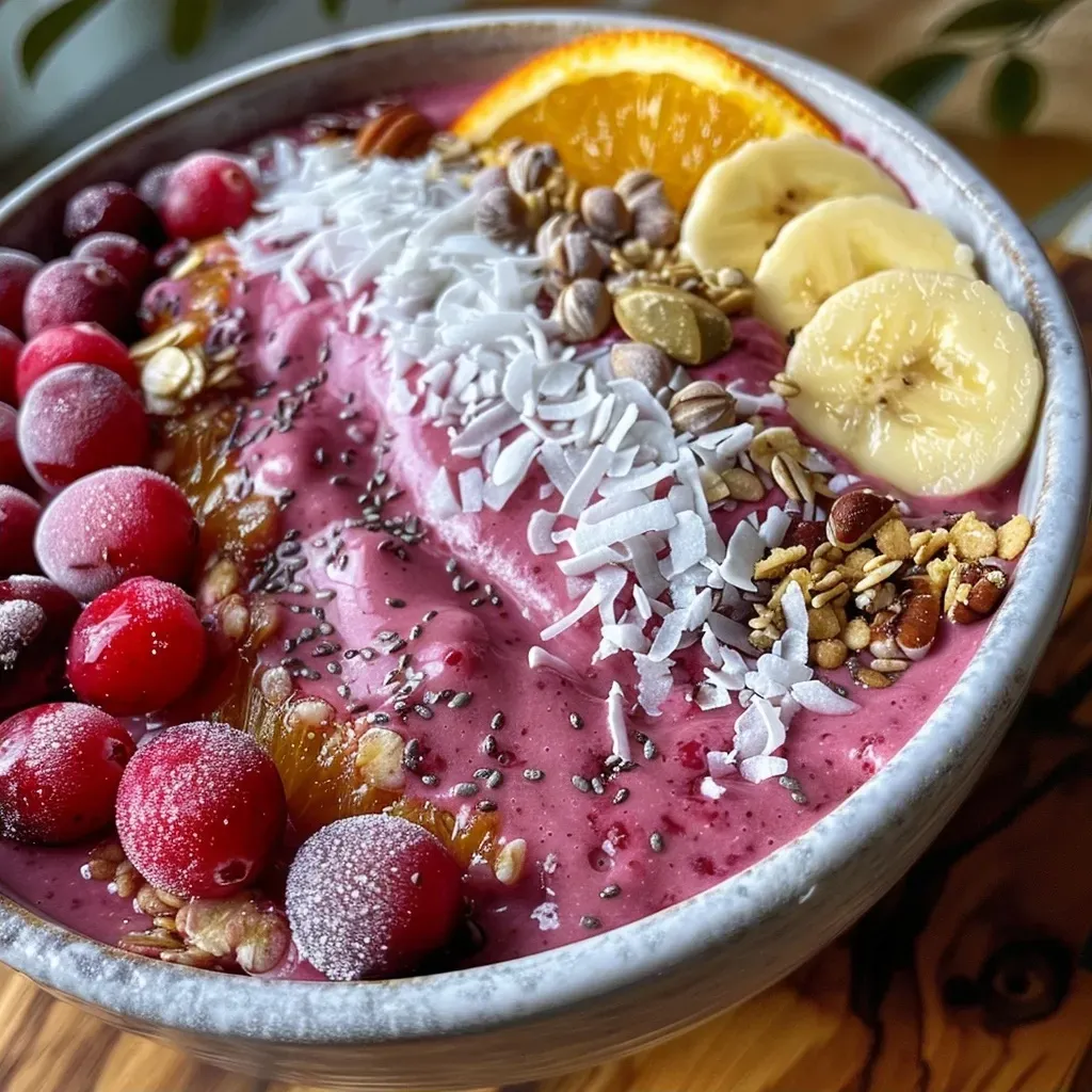 Side view of a deliciously textured Cranberry Orange Smoothie Bowl filled with colorful ingredients.