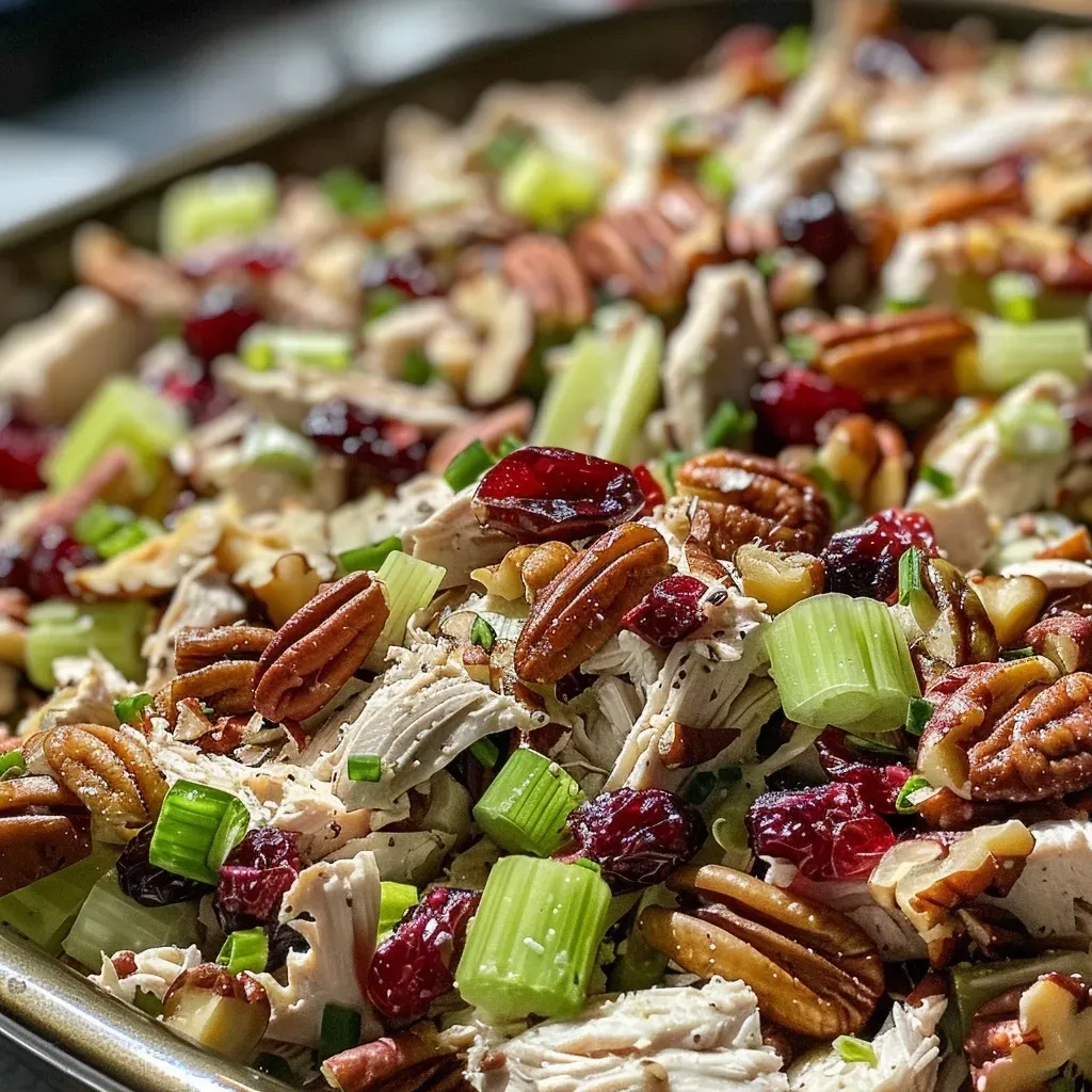Close-up of a bowl filled with Cranberry Pecan Chicken Salad featuring vibrant ingredients.