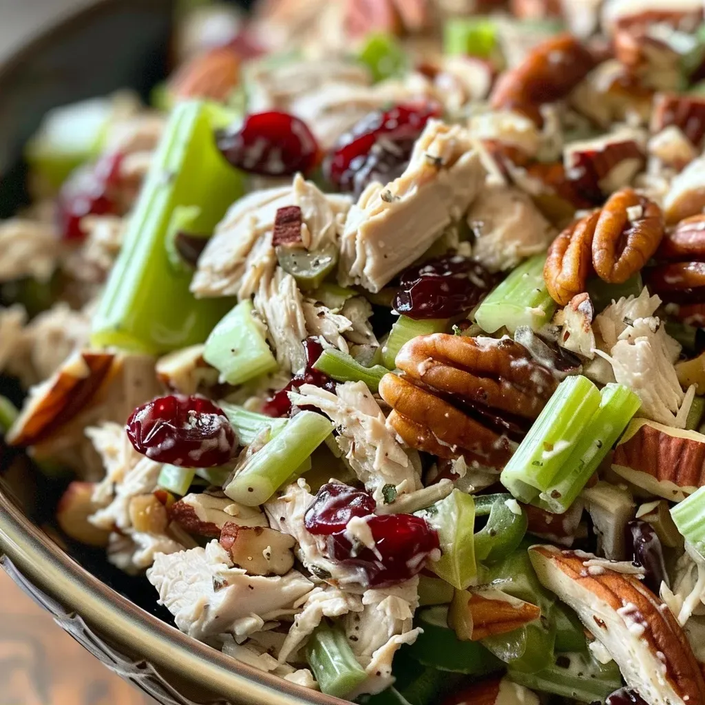 Juicy cranberry pecan chicken salad served in a bowl, highlighting ingredients.