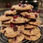 A close-up side view of freshly baked cranberry sauce drop cookies on a plate.