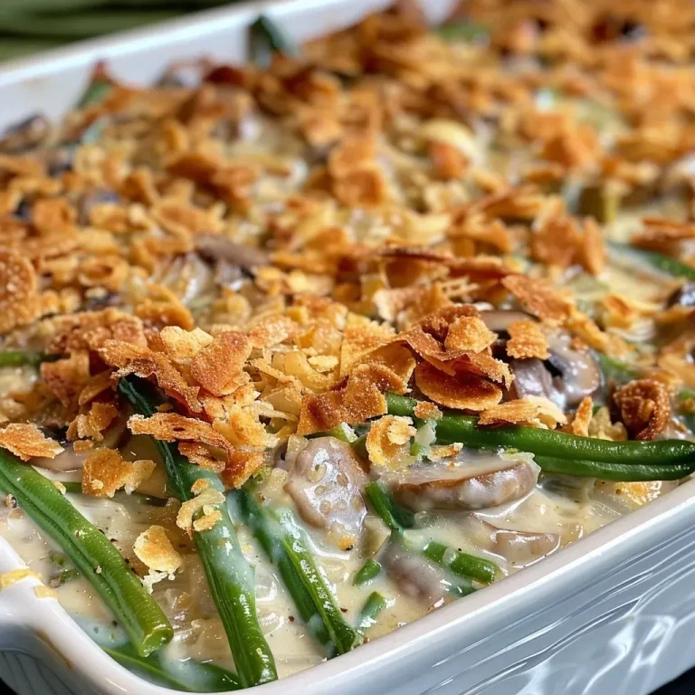 Elevate Your Meal Prep with This Protein-Rich Creamy Green Bean Casserole Close-up view of a creamy green bean casserole with crispy onions on top.