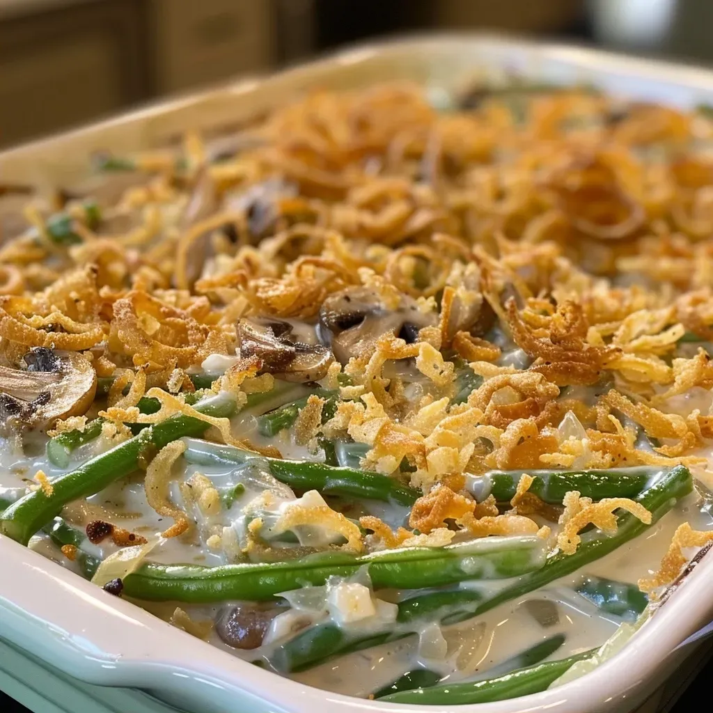 A side view of a delicious green bean casserole showing its creamy texture and golden toppings.