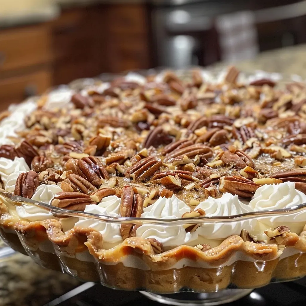 Close-up view of a creamy no-bake pecan pie with a golden crust and chopped pecans on top.