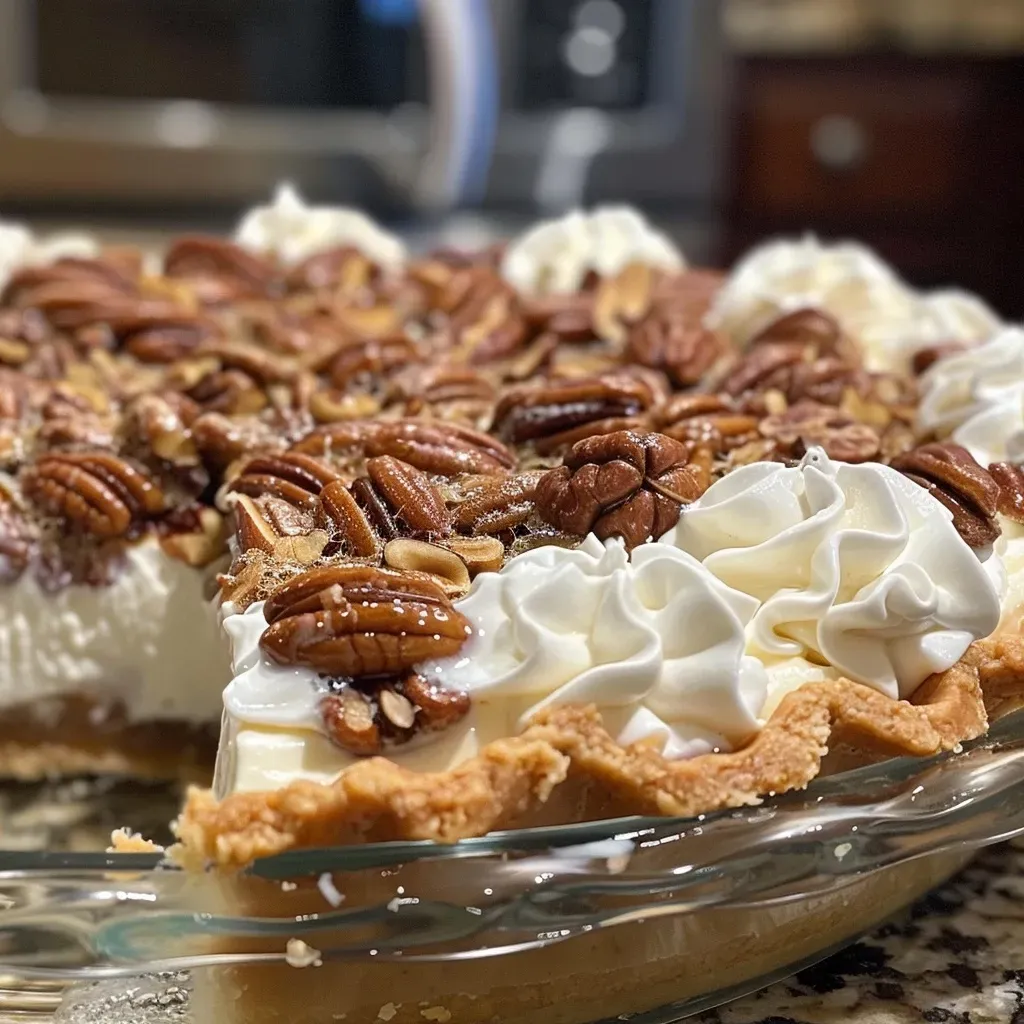 Side view of a luscious no-bake pecan pie showcasing its creamy filling and rich topping of pecans.