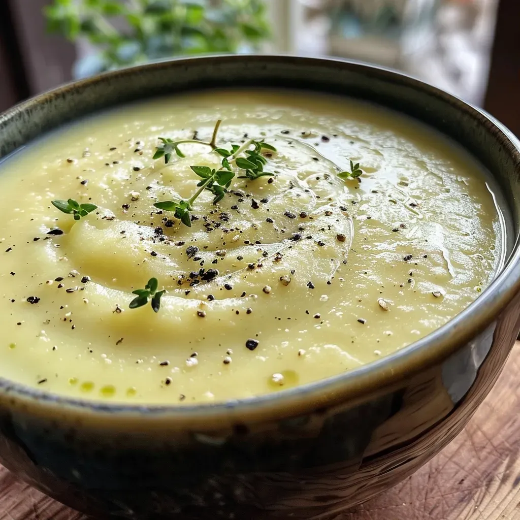 Close-up view of creamy parsnip and potato soup in a bowl, garnished with herbs.
