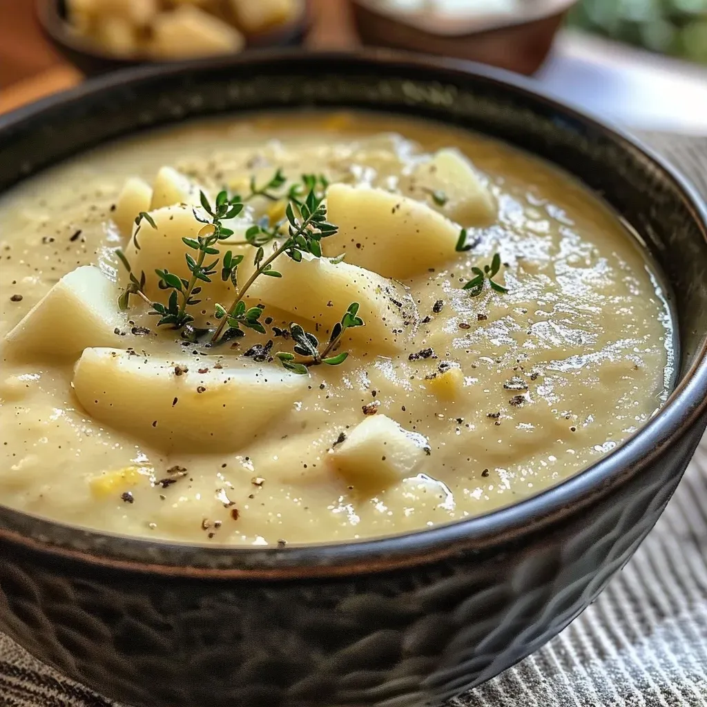 Side view of a steaming bowl of creamy parsnip and potato soup with a smooth texture.