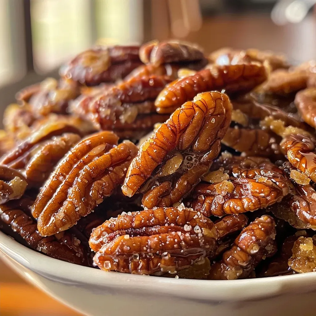 Side view of shiny, spiced Curry Candied Pecans in a bowl.