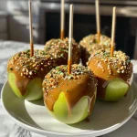 Close-up of shiny dairy-free caramel-coated apple on a stick, surrounded by a soft focus.
